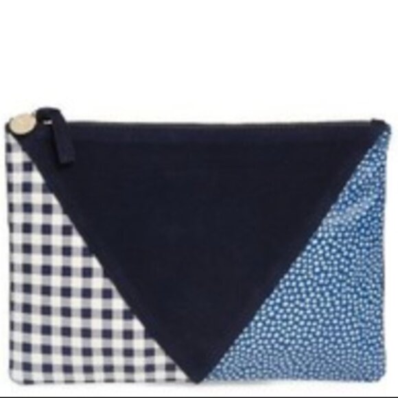 Clare V. Patchwork Navy Gingham Leather Suede Clutch - Picture 1 of 3